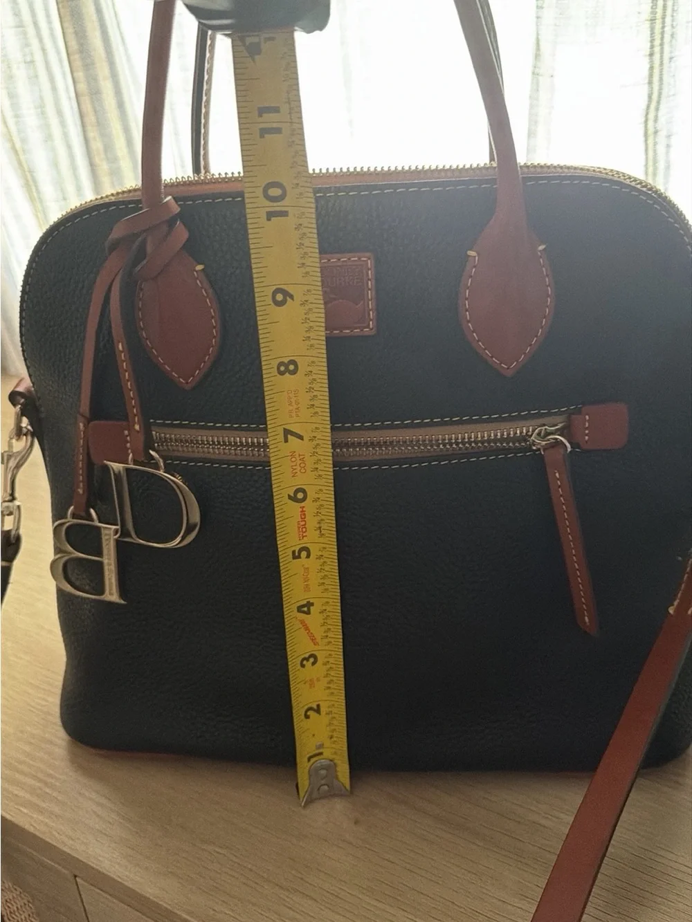 Dooney & Bourke Black Pebbled Leather Satchel with Tan Trim